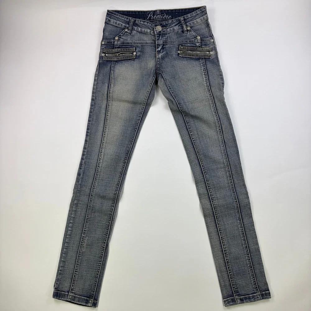 Rue21 Premiere Denim Skinny Jeans Womens 11/2 Blue Low Rise Zipper Pocket Y2K